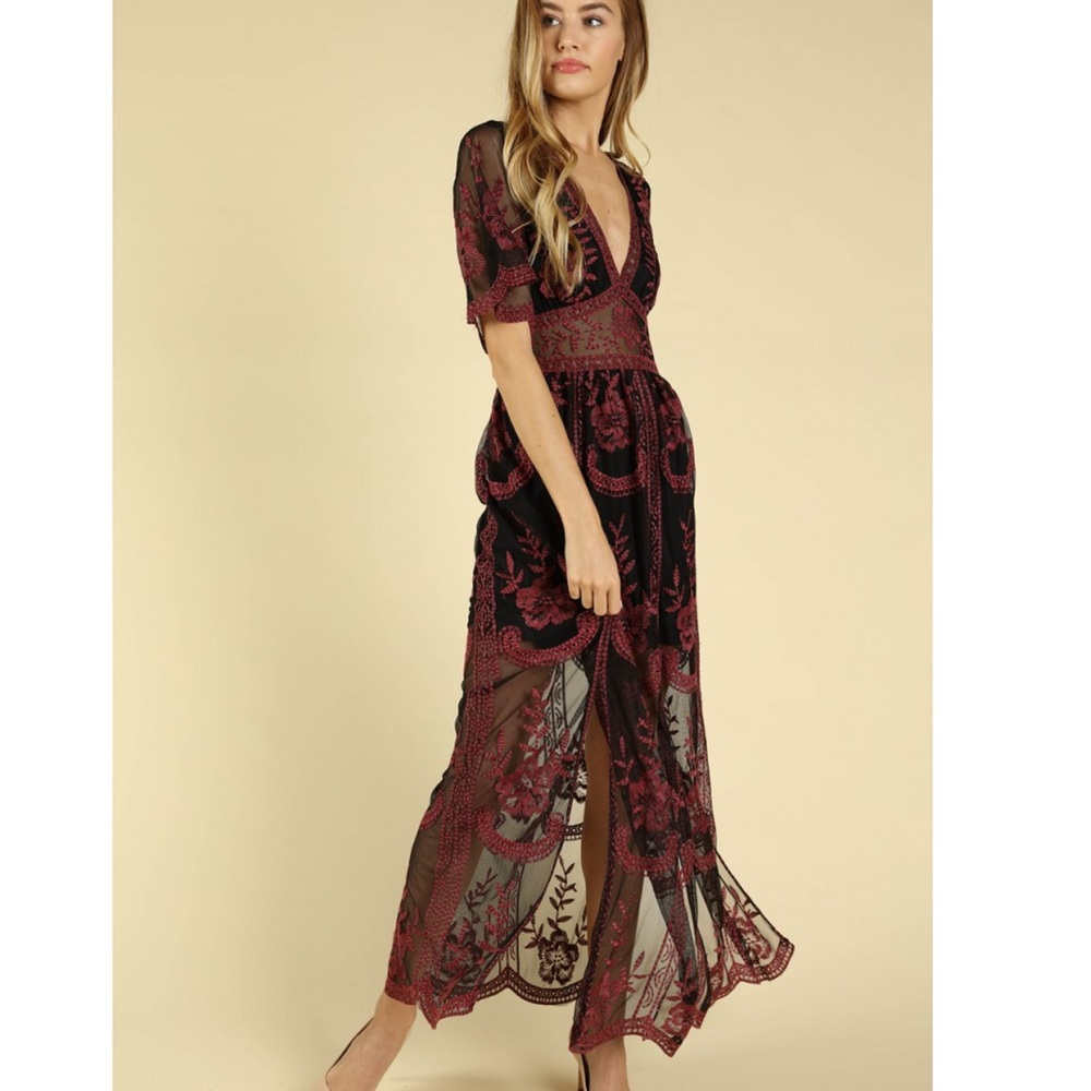 Sheer Embroidered Lace Maxi Dress